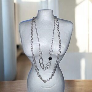 AK Anne Klein vintage Silver Tone Layered Necklace Black Bead Pendant